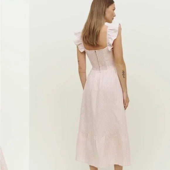 Reformation Lucila Linen Dress in Cupcake Stripe Pink & White- Midi Dress Size 0 - Picture 3 of 8